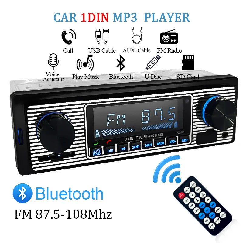 Car Radio 1 DIN Stereo FM Bluetooth MP3 Audio Player Cellphone Handfree Digital USB/SD With In Dash Aux Input