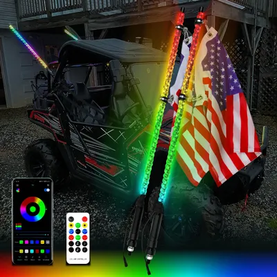 2PCS 3/4FT LED Whip Light Bluetooth Remote Control Colorful Antenna Whip Light for Polaris RZR for