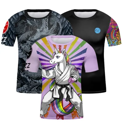 Kids Jiu jitsu gi BJJ Rashguard T-shirt MMA Boxing Club Uniform Tights Short Sleeve Sublimated Gym
