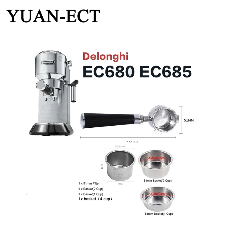 Delonghi 51 MM Kaffee Boden Siebträger 304 Edelstahl 1 2 4 Tassen Filterkorb Für EC680 EC685 Espressomaschine Werkzeuge Image