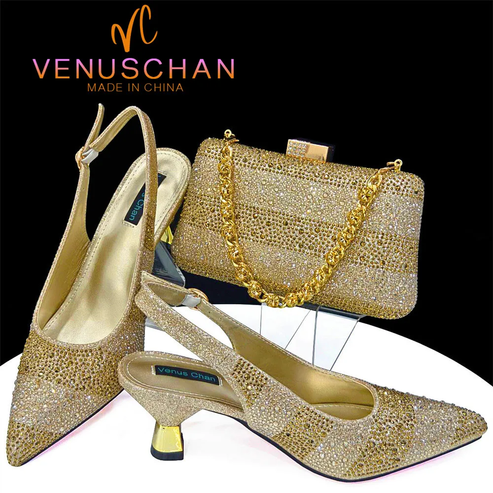 Venus Chan High Heels Schuhe für Frauen Stickerei Strass italienisches Design Gold Farbe spitzen Zehen Schuhe und Taschen Set Mode