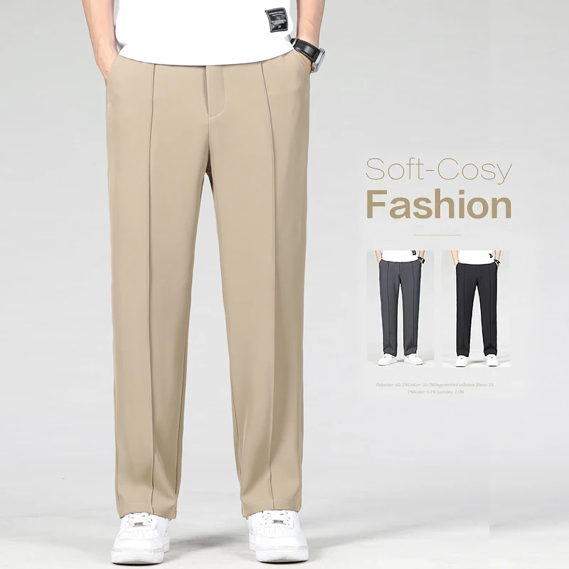 Neue Herbst herren Business Gerade Anzug Hosen Elastische Taille Drapieren Lose Beiläufige Nähte Khaki Schwarz Hosen Marke Kleidung Image