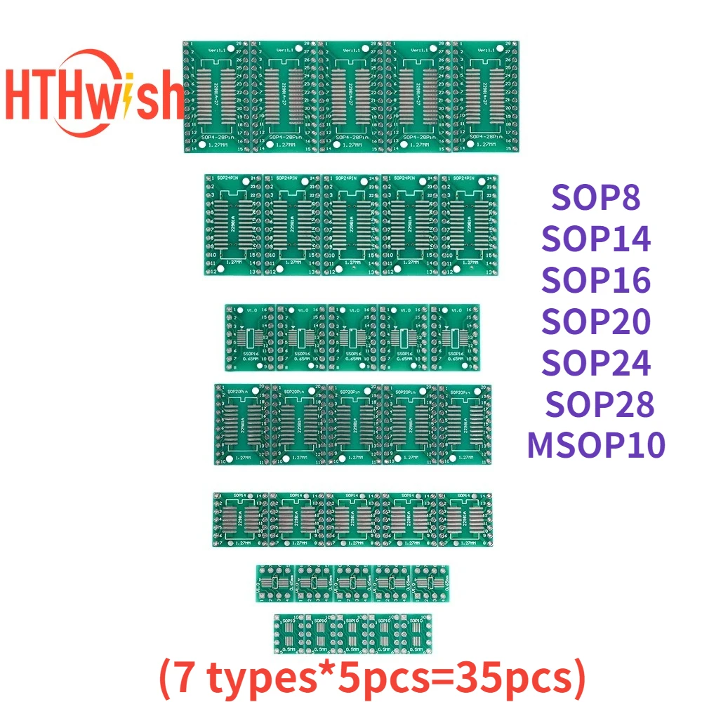 35 teile/los Pcb SMD Drehen zu DIP Adapter Konverter (7 arten) Protoboard SOP8 MSOP10 SOP14 SOP16 SOP20 SOP24 SOP28 diy elektronische Image