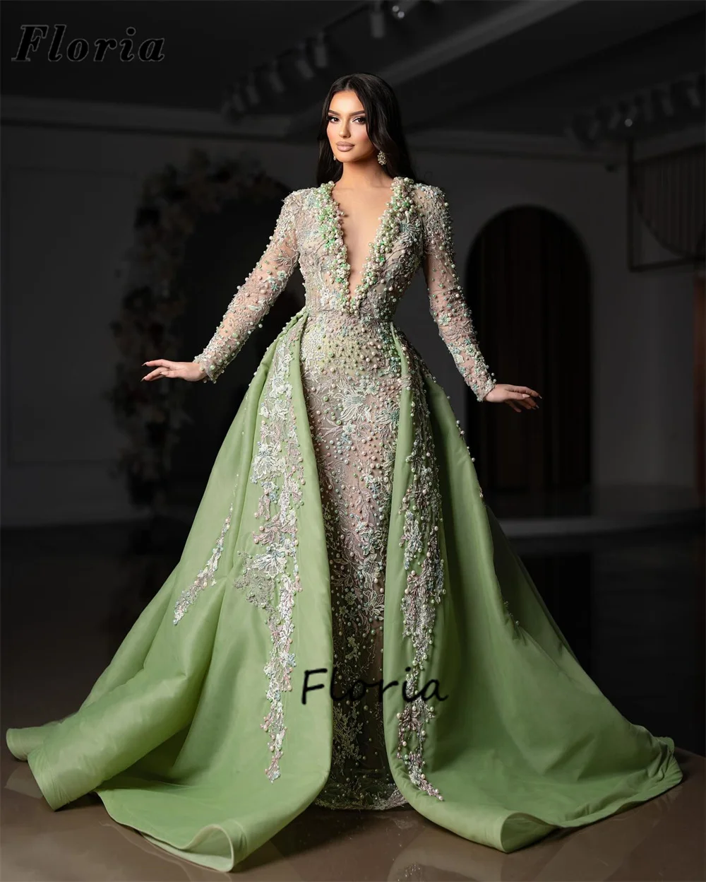 Elegante Perlen Abendkleider türkisch Dubai Langarm Party Verlobung kleid abnehmbarer Rock maßge schneiderte Perlen Ballkleider