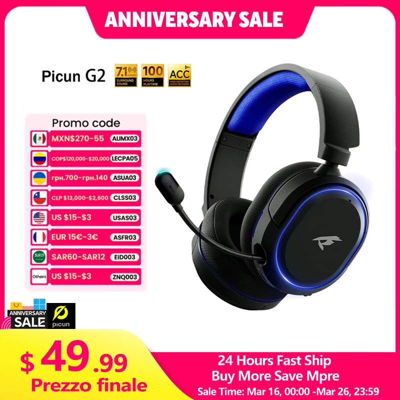 Picun G2 Cuffie da gioco wireless Bluetooth 5.3 Cuffie 2.4G 7.1 Surround 5ms Microfono ENC a bassa latenza per PC PS4 PS5 Interruttore del telefono
