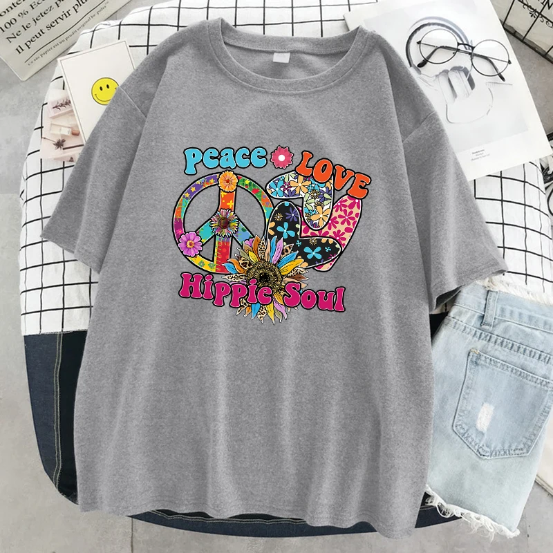 Frieden Liebe Hippie Seele Druck Weibliche T-Shirt Sommer Kühlen Kurzarm Atmungsaktive Baumwolle Tops Straße Lose T Shirt Frauen