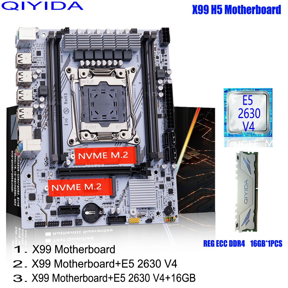 QIYIDA X99 Motherboard Set Kit mit LGA2011-3 Xeon E5 2630 V4 CPU DDR4 16 GB REG ECC Speicher PCI 16x NVME M.2 SATA x99 H5 Image