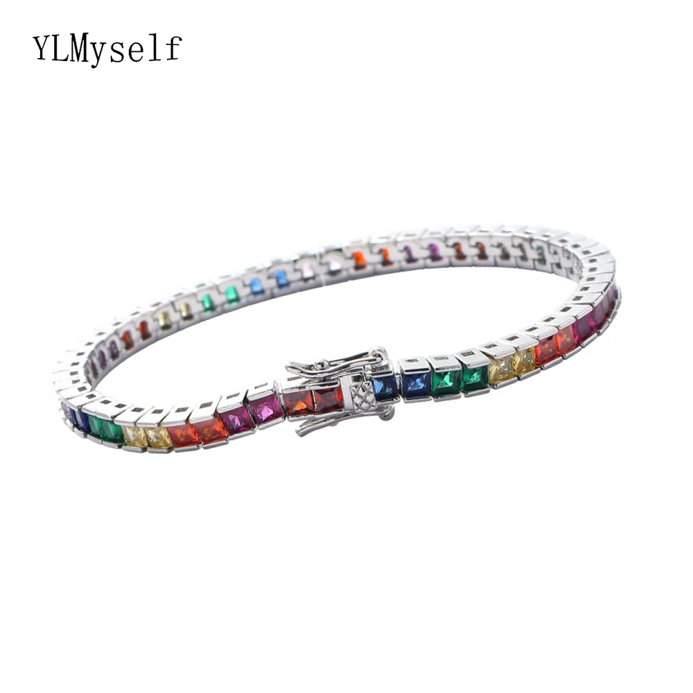 Messing 7/8 Zoll 3*3mm Regenbogen Quadrat Zirkon Zirkon Tennis Armband Hip Hop Rock Unisex Handgelenk kette Schmuck Männer/Frauen
