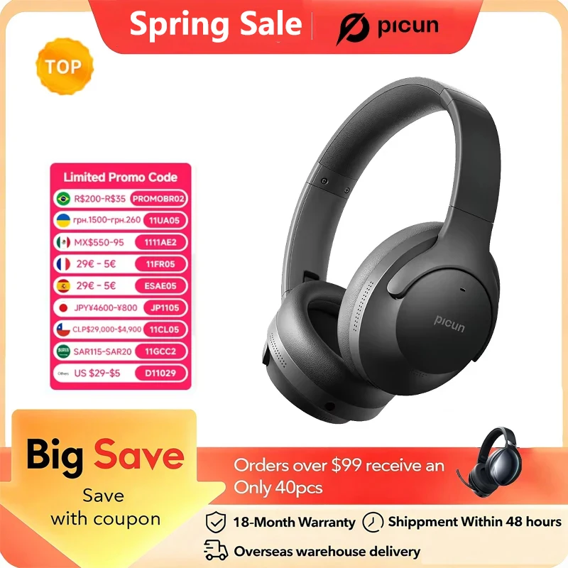 Picun ANC-05L Bluetooth-Kopfhörer, aktive Geräuschunterdrückung, ANC Hi-Res Wireless-Headsets, ENC HD-Mikrofon, geringe Latenz, leicht, HiFi Image