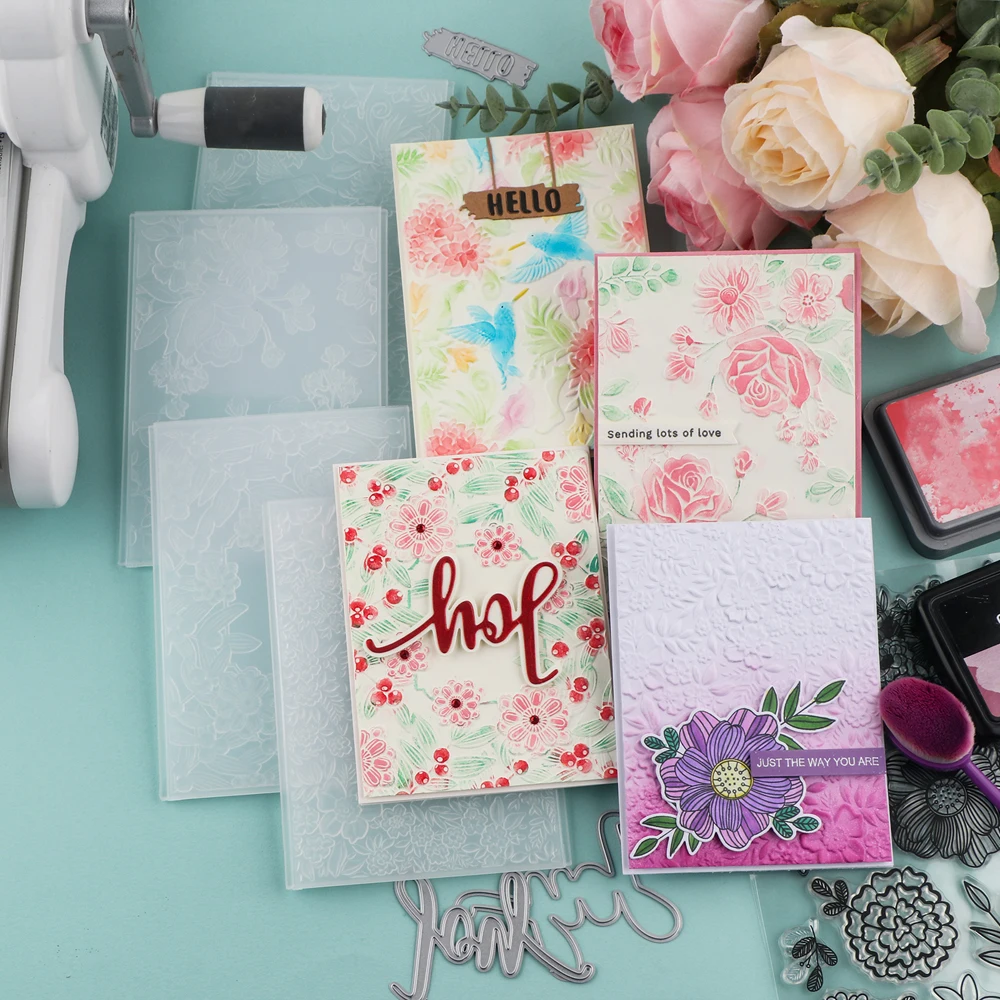 Vier Blütenblätter Blumen 3D Prägung Ordner Frühling Medley Textur verblasst Hintergrund Vorlage für Kartenherstellung Scrapbooking Papier Handwerk Image