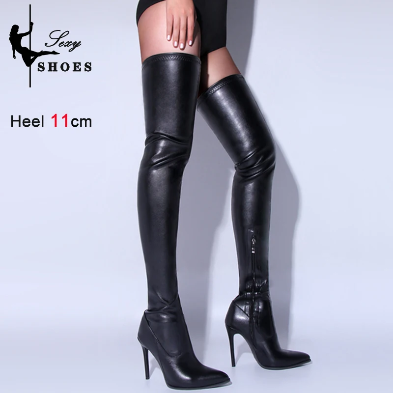 Matte Black Over-the-Knee Women's Boots Sexy High Heels Leather Elastic Female Shoes Side Zipper Thigh High Striper Long Boots