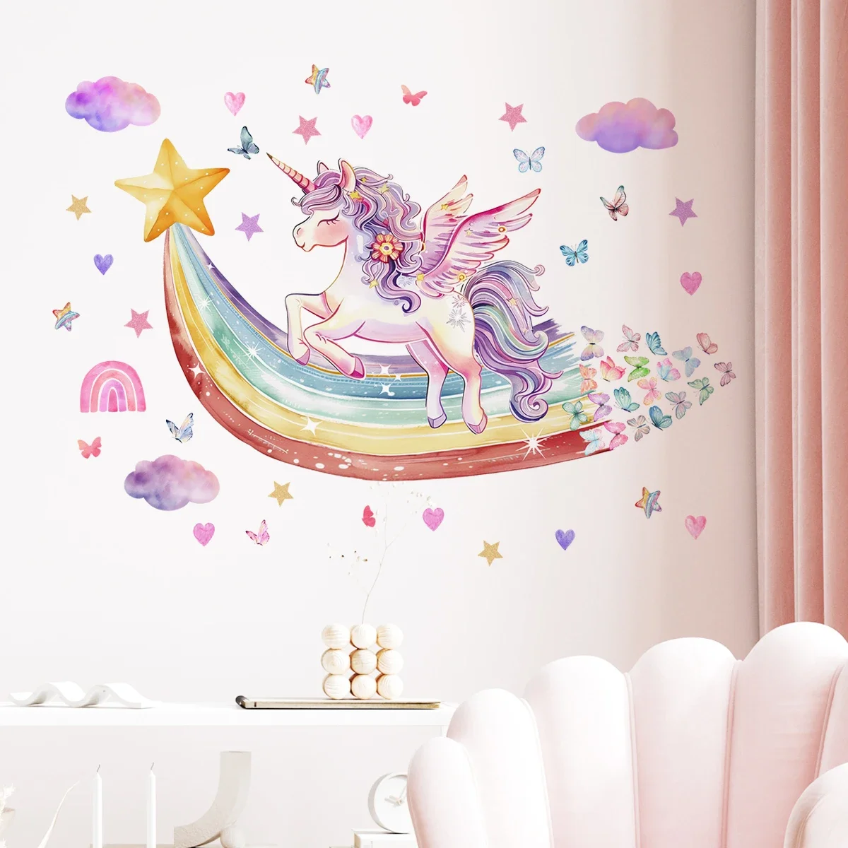 2 Stücke Regenbogen Einhorn Schmetterlinge Wandaufkleber Babyzimmer Mädchen Kinderzimmer Dekor Wandkunst Schlafzimmer Dekoration Wohnzimmer Wandtattoo Image