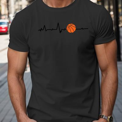 TEMU Line & Basketball Print Tees For Men, Casual Quick Drying Breathable T-shirt, Short Sleeve T-shirt For Summer Image
