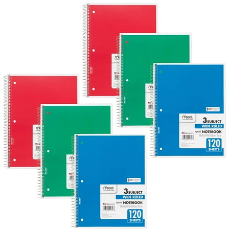 Mead Spiral 3 Subject Notebook Wide Ruled 180 Sheets Per Book Pack of 6