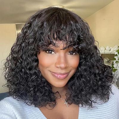 Short Curly Bob Human Hair Wig With Bangs Pixie Bob Cut Glueless Wigs Water Wave Full Machine Natural Black Cheap Wigs For Women