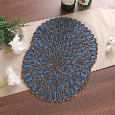 Peacock Palace,'Set of 4 Handcrafted Teal and Golden Glass Beaded Placemats'