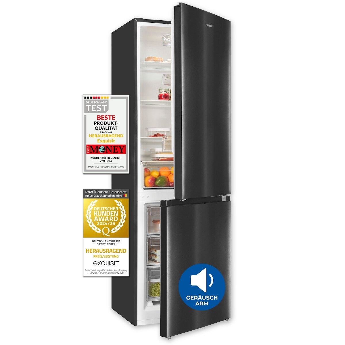 Exquisit Kühl-Gefrierkombination KGC5320-95-E-040C inoxlook-az | Nutzinhalt: 315 L | 4*-Gefrieren | Alarm-Funktion | 4 Glasablagen | Standgerät Image