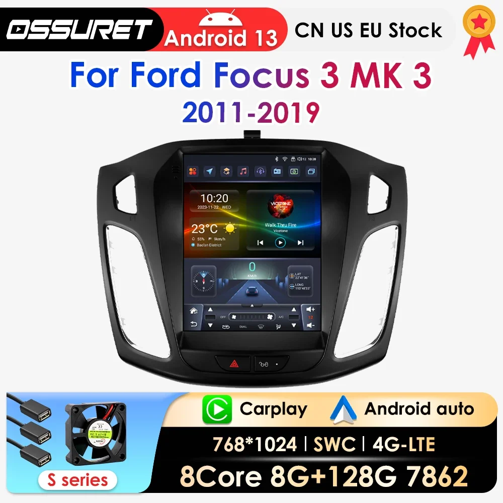 Android 13 Auto Radio Multimedia Video Player Für Ford Focus 3 MK 3 2011-2019 Tesla Stil Android Auto 4G 2Din Navi Carplay DSP Image