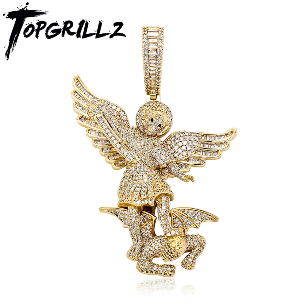 TOPGRILLZ St Michael Die Archangel Anhänger Halskette Hohe Qualität Kupfer mit Micro Pflastern Zirkonia Hip Hop Paar Schmuck