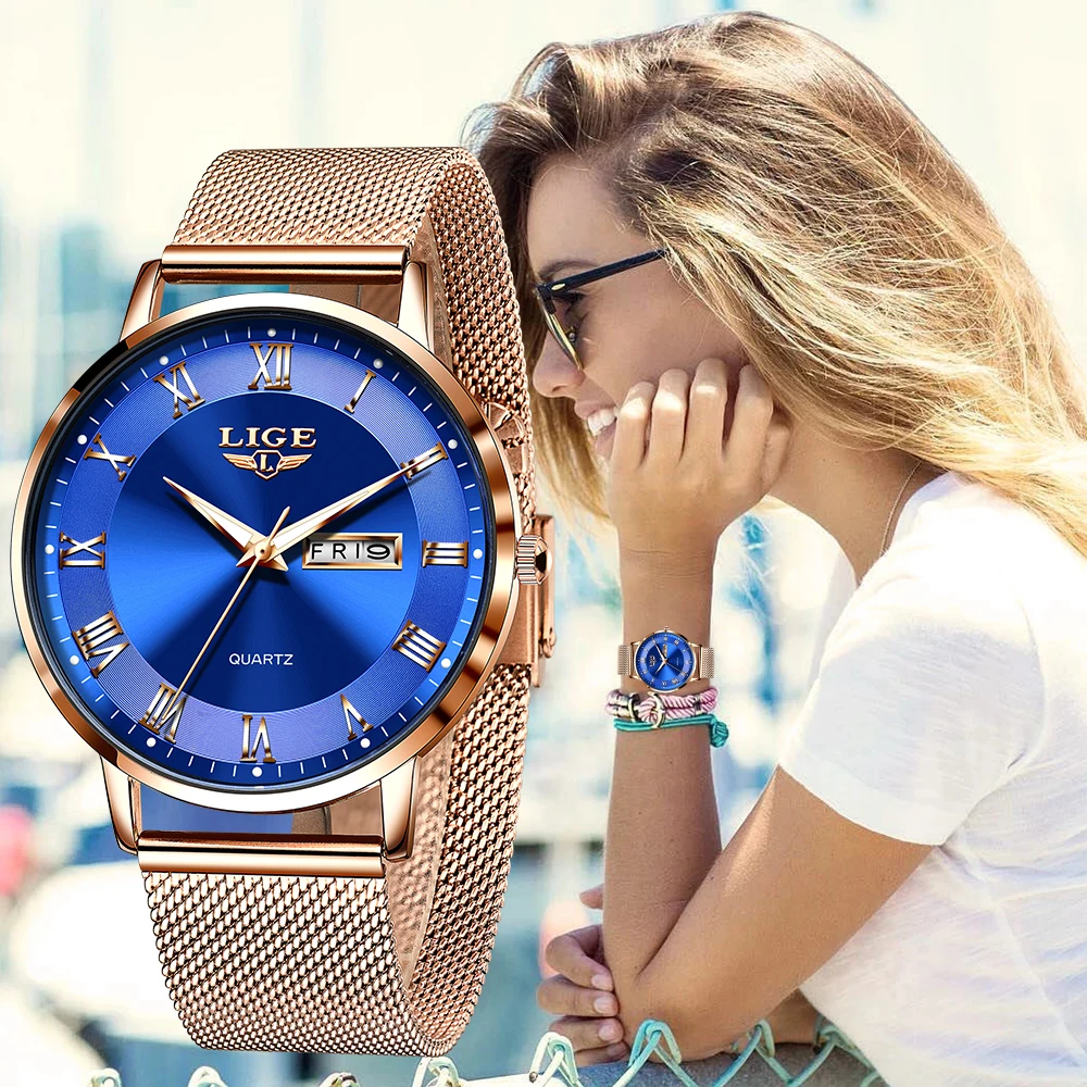 Lige Damen uhren ultra dünne Quarzuhr für Damen Luxus Armband Armbanduhr Damen Datum Woche Uhr Uhr Relogios Feminino Image