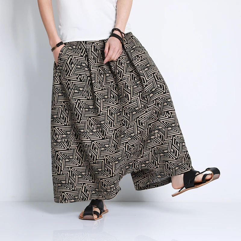 Chinesische art hose männer retro lässig weites bein lose crossover hose baumwoll leinen neue herren grafik hose hip hop hose M-5XL