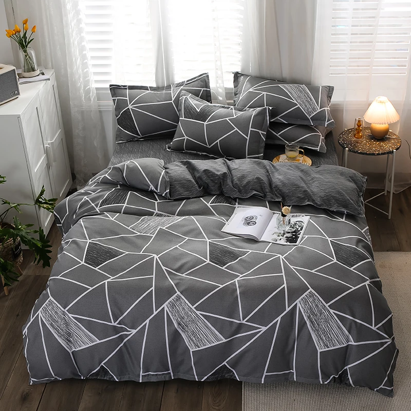 Doppelbett, karierter Bettbezug, Mikrofaser, minimaler Queen-Size-Bettbezug in Twin-Size-Größe mit 2 Kissenbezügen, 3-teiliges Bettwäscheset im nordischen Stil Image