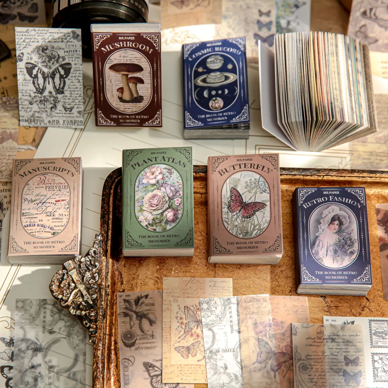 100 Stück/Buch Dual-Material-Materialbuch Retro Memoir Series Mini 50 Stück nicht wiederholbares Abreißhandbuch Dekoratives Papier Image