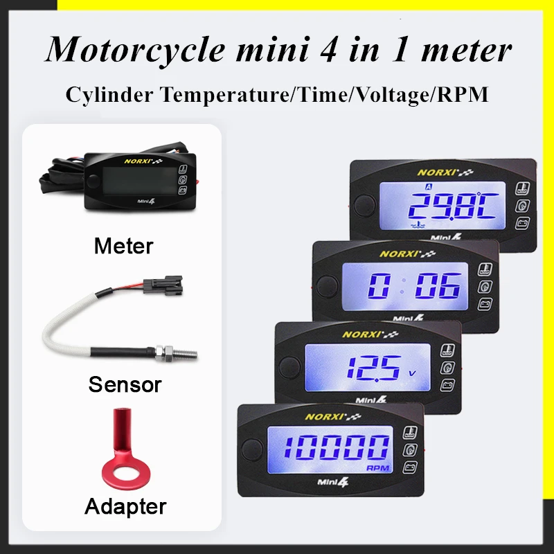 Drehzahlmesser Motorräder zylinder kopf temperatur Voltmeter Zeit RPM Drehzahlmesser Norxi Mini 4 in 1 LED Digital Display Quad meter Image