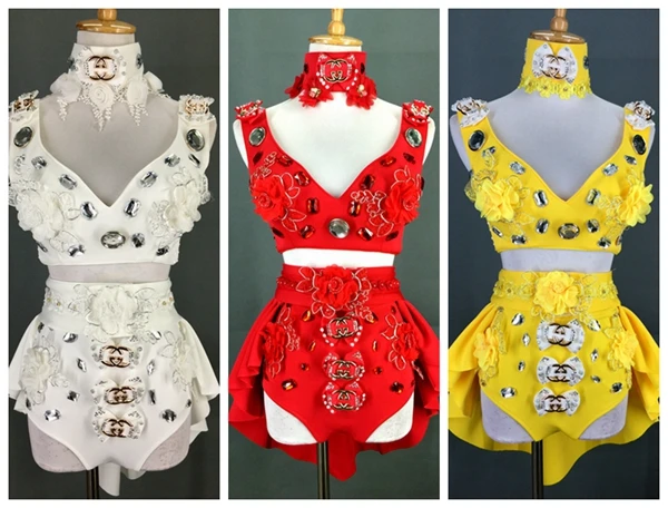 Neue Sexy 4-stück Anzug Leistung Kleidung Pole Dance Kostüm Für Weibliche Bühne Jazz Dance Zeigen Kleidung Rot Gelb weiß