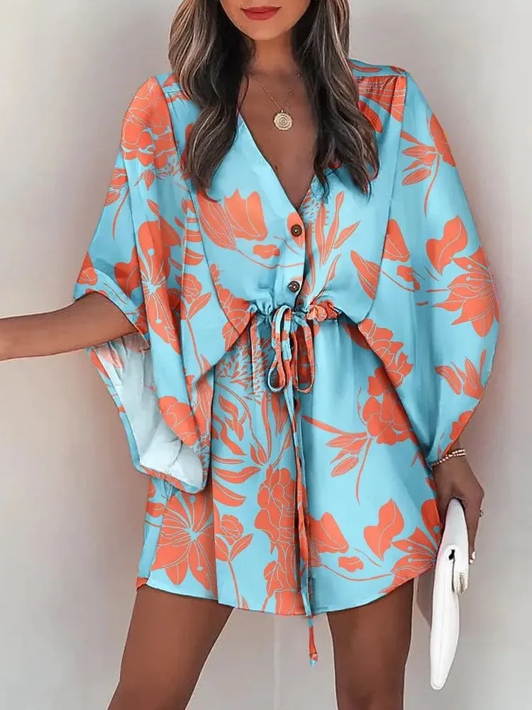 Sommer Fliegen Sleeve Casual Kleid Frauen Mode V-ausschnitt Spitze Up Casual Urlaub Kleider Weibliche Elegante Lose Strand Party Kleid Neue