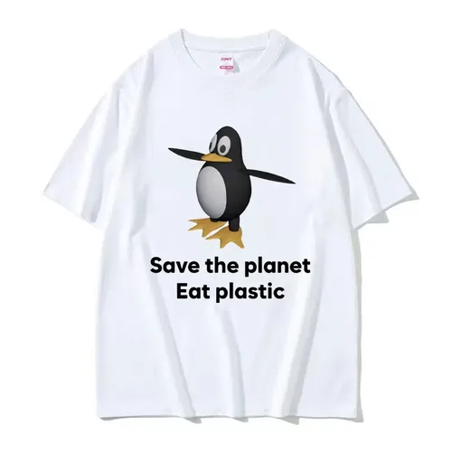 Speichern Sie die Erde essen Kunststoff lustige Meme T-Shirt niedlichen Pinguin Grafiken Männer