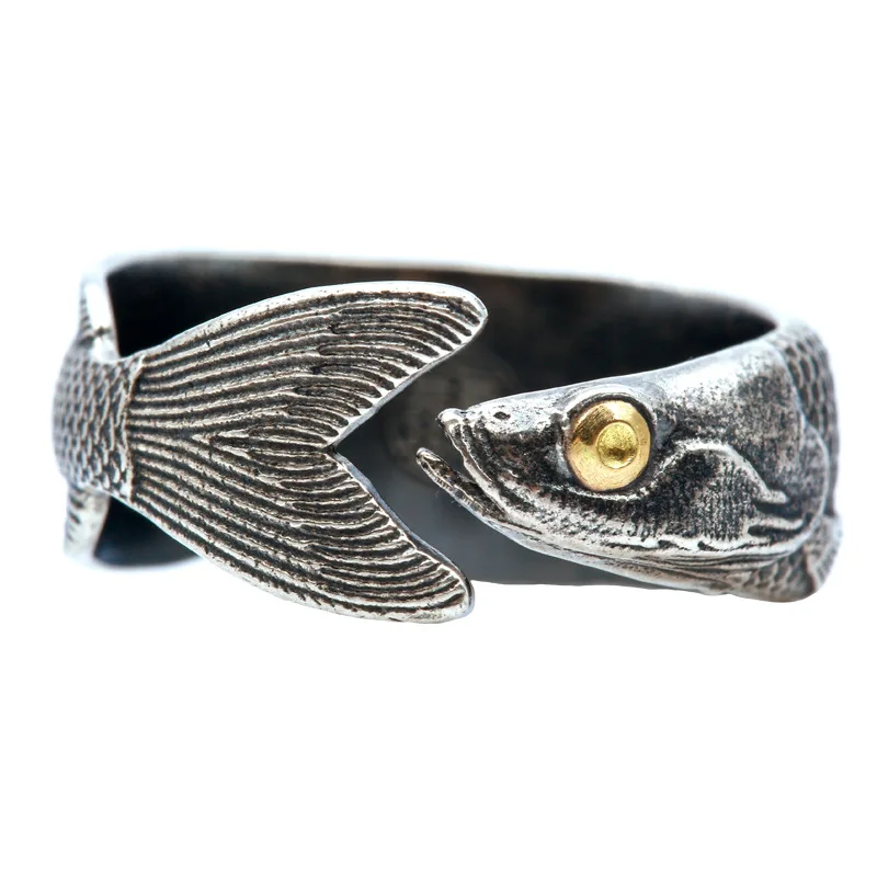 Buyee 925er Sterlingsilber, männlich, einzigartiger Ring, Finger, niedlicher Fisch, offener Ring für Damen, Herren, modisch, Tier, Punk, edler Schmuck, Kreis, Geschenk Image