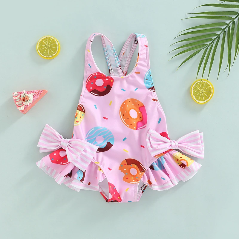 Kinder-Badebekleidung für Mädchen, ärmellos, Donut/Eis, bedruckt, große Schleife, gerüscht, dreieckig, Bade-Strampler Image