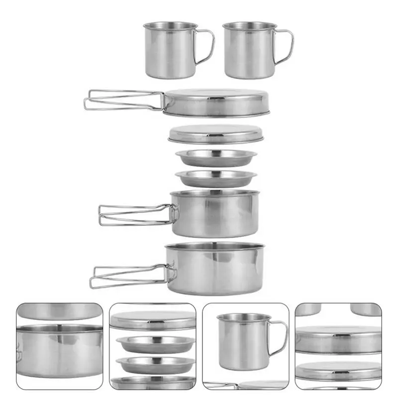 Camping Kochgeschirr Set Edelstahl kompakte Lagerfeuer Kochtöpfe und Pfannen robuste 8 Stück Kochset für Outdoor-Wander grill