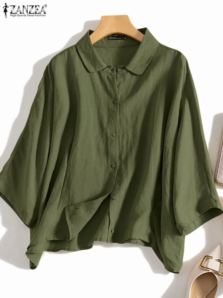 ZANZEA Camicia con collo a bavero moda estiva Donna Elegante camicetta con maniche a 3/4 Bottoni da lavoro Imbottiture Top Tunica Donna Casual Blusas allentate