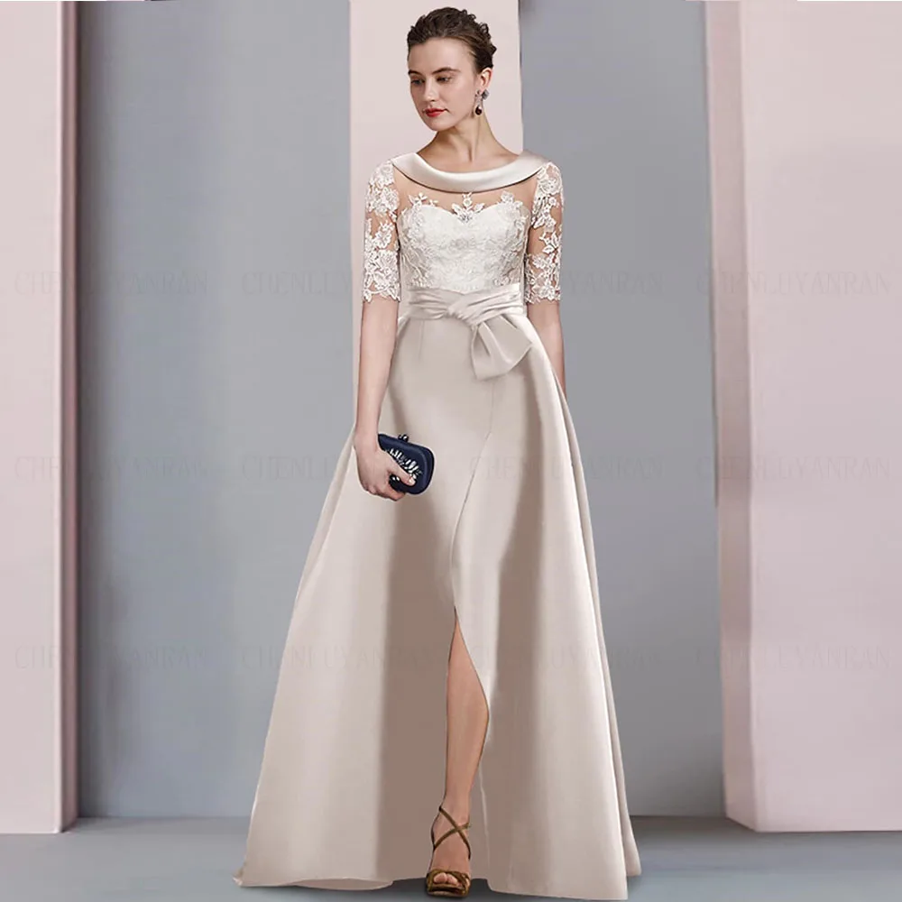 Abiti lunghi per la madre della sposa 2023 o-collo Applique abiti da festa in raso con spacco laterale senza schienale abito elegante Sexy per le donne