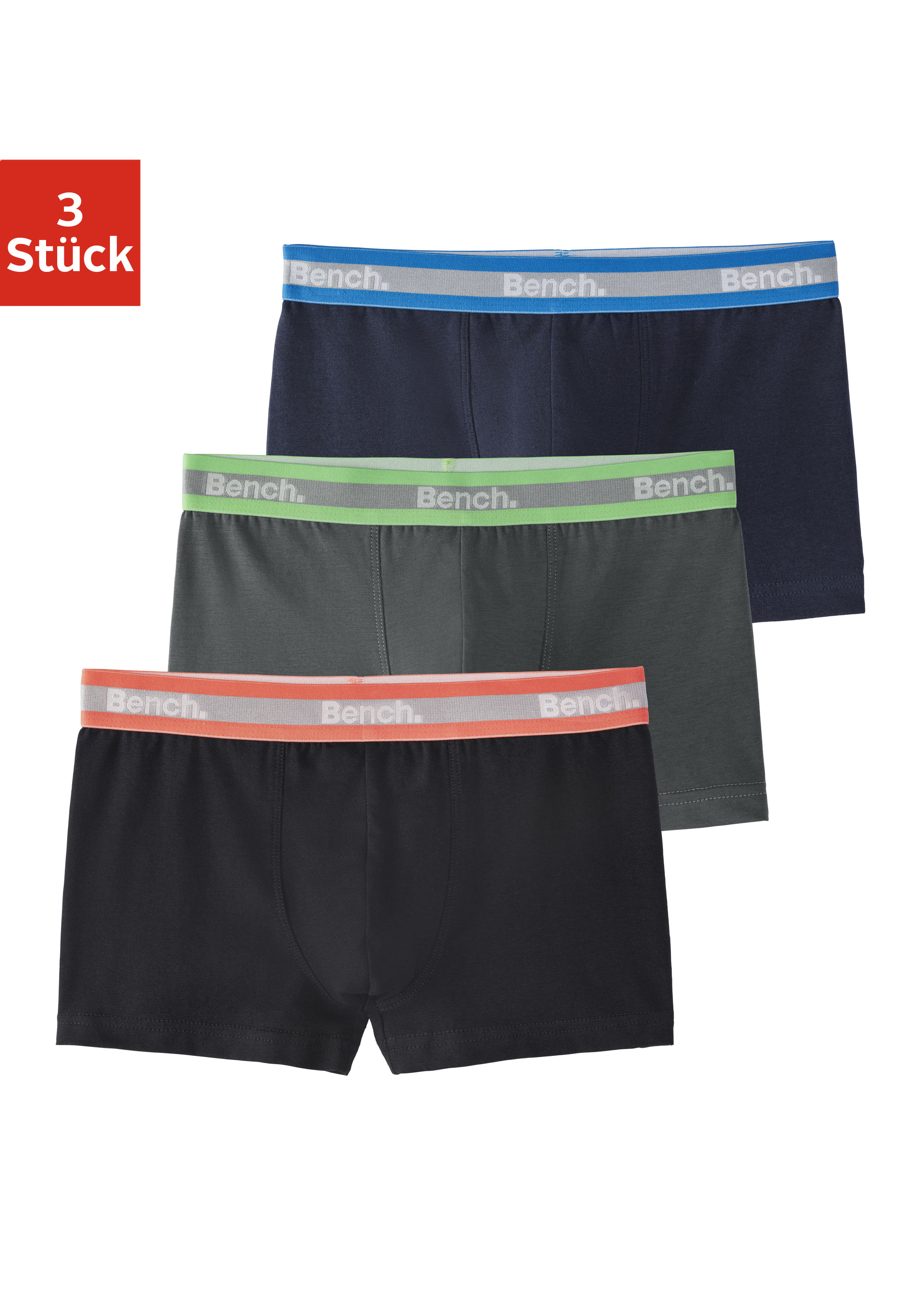 Boxer BENCH. "Boxershorts für Jungen", Kinder, Gr. 158/164, schwarz (schwarz, grau, navy), Jersey, Obermaterial: 95% Baumwolle, 5% Elasthan, unifarben, Unterhosen, unifarben mit neon Bündchen Image