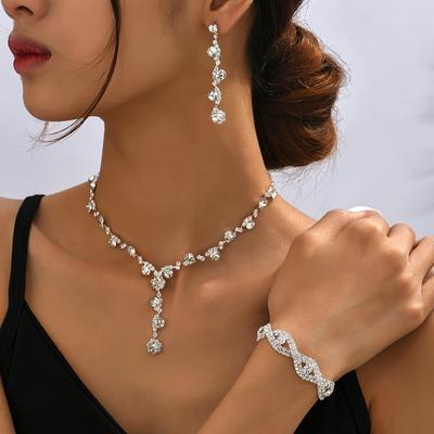 TEMU Elegant Jewelry Set, Luxury Full Faux Diamond Glitter, Floral Claw Chain, Y-shape Long Necklace, Stud Earrings, Bracelet, 3-piece Set For Weddings And Banquets Gifts For Eid