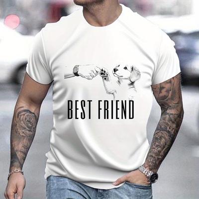 "TEMU Men's Dog And Fist Pattern And Letter Print ""best Friend"" Crew Neck And Short Sleeve T-shirt, Casual And Chic Tops For Summer Daily Wear, Perfect Tops As Gifts For Dog Lovers"