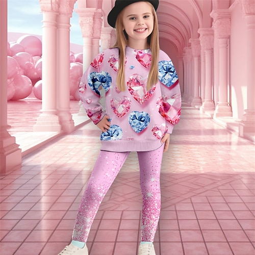 Mädchen 3D Herz Set aus Sweatshirt und Leggings Set Langarm 3D-Druck Herbst Winter Aktiv Modisch Täglich kinderkleidung 3-12 Jahre Rundhalsausschnitt Outdoor Urlaub Verabredung Regular Fit Image