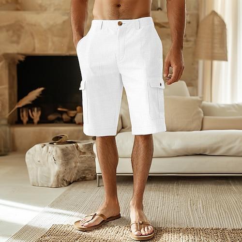 Herren Shorts Leinenshorts Sommershorts Fronttasche Gerader Schnitt Einfach Komfort Atmungsaktiv Knielang Outdoor Urlaub Party Mode Basic Weiß Khaki