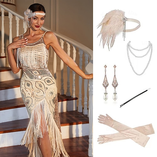 Retro Vintage Goldene Zwanziger 1920er Midlänge Flapper Kleid Kleid Ärmellos Der große Gatsby Hochzeitsgast Pailletten Quastenfransen Rundausschnitt Kostüm Damen Maskerade Hochzeit Party / Abend Image