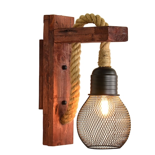 Naturfaser-Seil, braunes Wandleuchten-Set, schattiert, 1 Kopf, Cottage-Wandleuchte, industrielle Vintage-Wandleuchte mit Holzrückplatte für Bar, Flur, Restaurant, 110–240 V Image