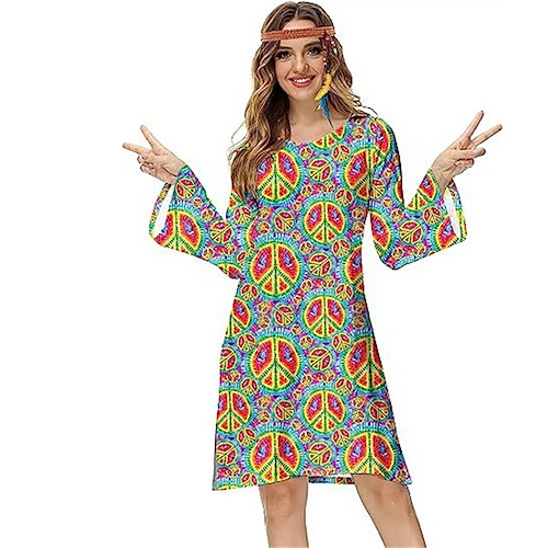 Hippie 1970er Disko Kleid Cosplay Kostüm Stirnband Trompetenärmel Hippie Disco Kostüm Damen Mädchen Halloween Karneval Maskerade Party-Abendmode Pride Parade Pride-Monat Erwachsene Kleid Stirnband Image