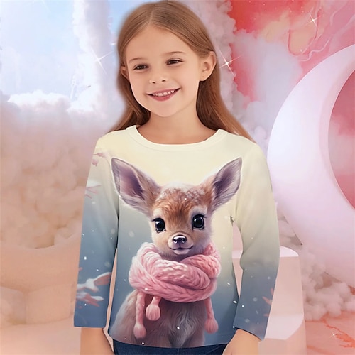 Mädchen 3D Hirsch Weihnachts-T-Shirt T-Shirt Hemden Langarm 3D-Druck Frühling Herbst Aktiv Modisch Kuschelig kinderkleidung 3-12 Jahre Rundhalsausschnitt Outdoor Casual Täglich Regular Fit Image