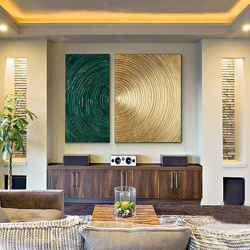 goldgrüne Kreise handgemalte abstrakte Kunst 3D Strukturkunst Original Acrylgemälde Blattgold Wandkunst großes Wohnzimmer Wanddekor (ohne Rahmen) Image