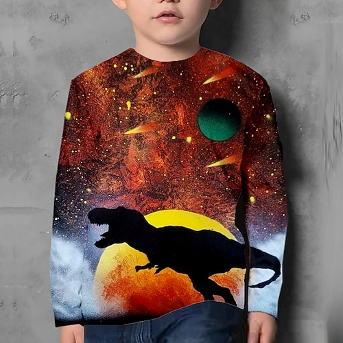 kinderkleidung Jungen T-Shirt Tee Tier Dinosaurier Langarm Rundhalsausschnitt Kinder oben Casual 3D-Druck Cool Täglich Herbst Winter Gelb 7-13 Jahre Image