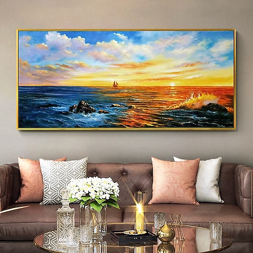 Ölgemälde 100 % Handarbeit, handgemalte Wandkunst auf Leinwand, horizontal, Panorama, abstrakt, moderne Landschaft, Einbruch der Dunkelheit, Meer, Himmel, Heimdekoration, Dekoration, gerollte Image