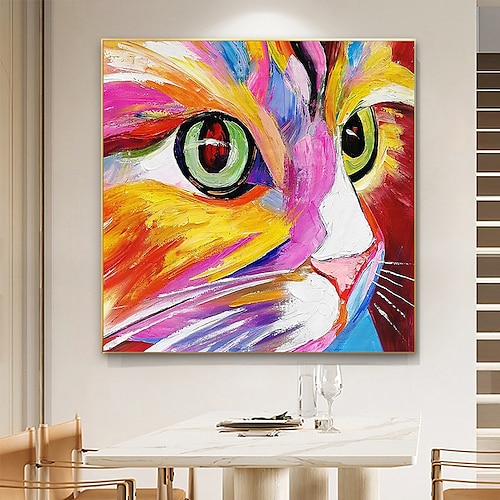 Ölgemälde handgemachte handbemalte Wandkunst abstrakte Katze bunte Tierdekoration Dekor gestreckter Rahmen fertig zum Aufhängen Image