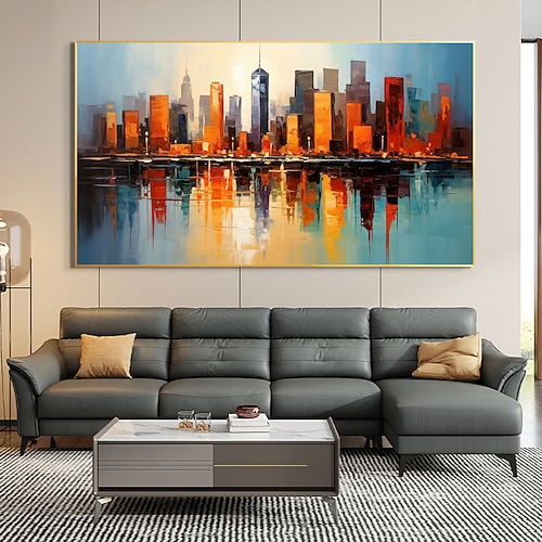 Handgefertigtes Original-Stadtlandschafts-Ölgemälde auf Leinwand, Wandkunst-Dekor, Küstengebäude-Gemälde für Heimdekoration mit gespanntem Rahmen/ohne Innenrahmen-Gemälde Image